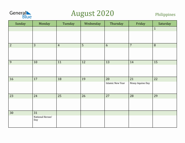 August 2020 Calendar with Philippines Holidays