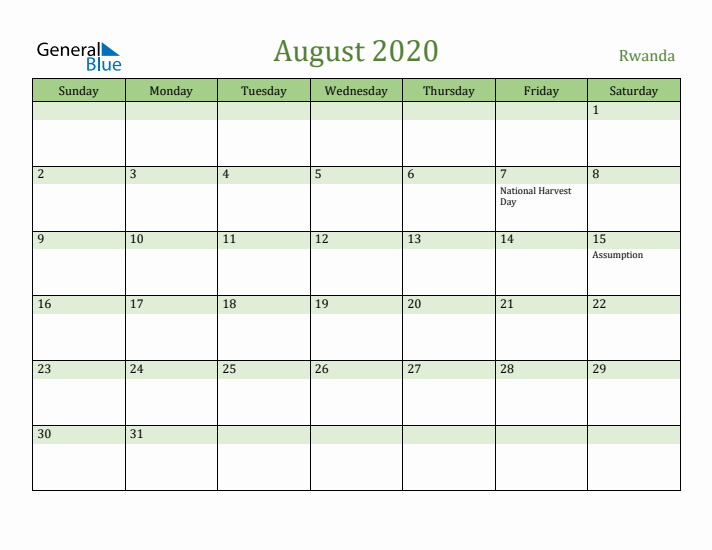 August 2020 Calendar with Rwanda Holidays