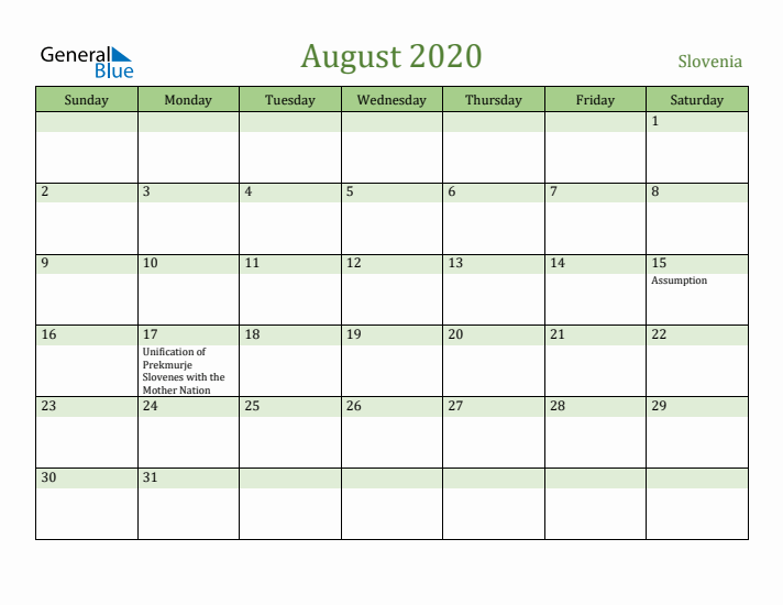 August 2020 Calendar with Slovenia Holidays
