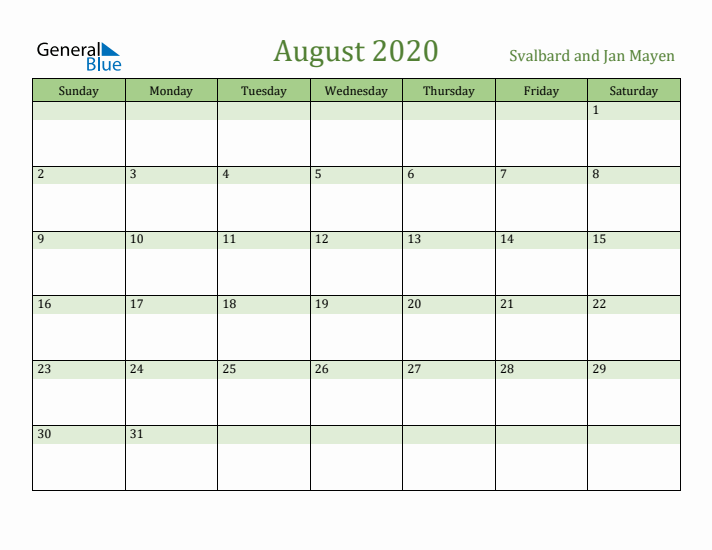 August 2020 Calendar with Svalbard and Jan Mayen Holidays