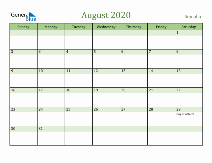 August 2020 Calendar with Somalia Holidays
