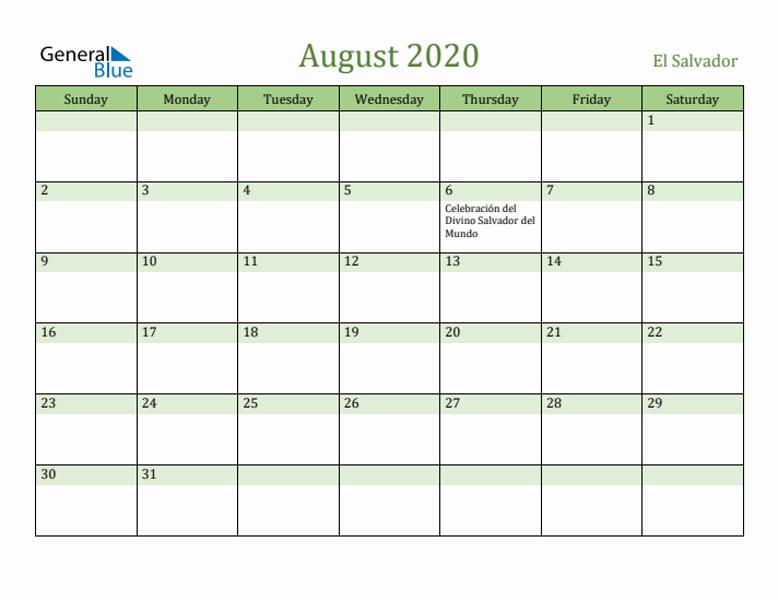 August 2020 Calendar with El Salvador Holidays