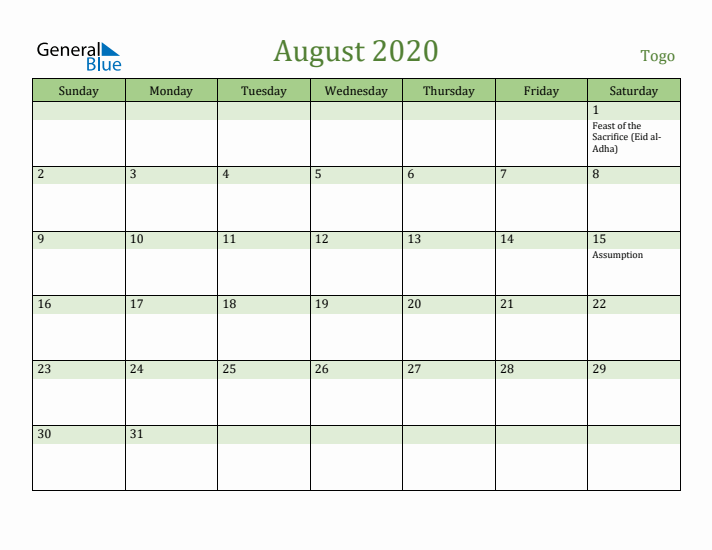 August 2020 Calendar with Togo Holidays
