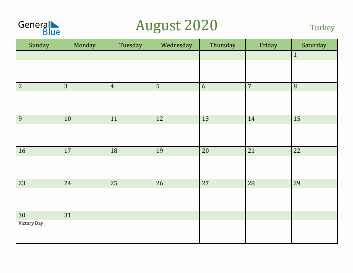 August 2020 Calendar with Turkey Holidays