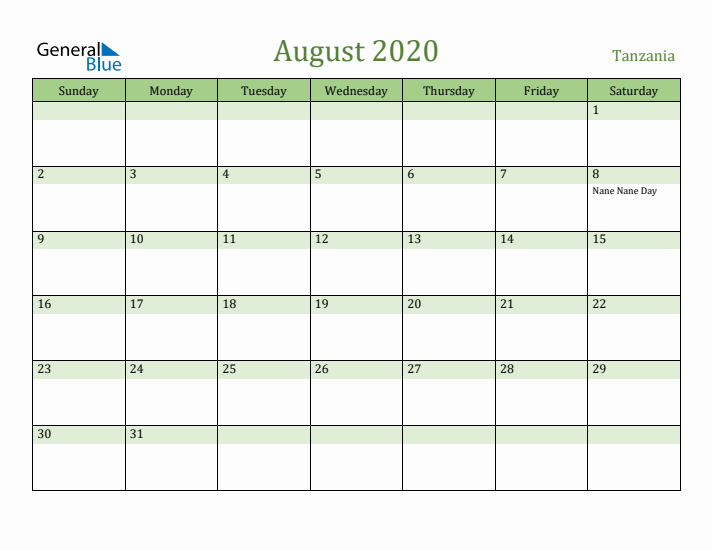 August 2020 Calendar with Tanzania Holidays