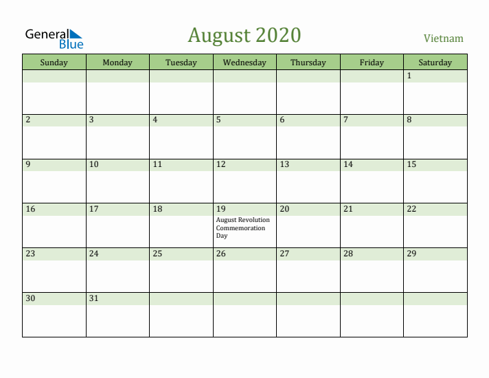 August 2020 Calendar with Vietnam Holidays