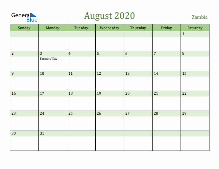 August 2020 Calendar with Zambia Holidays