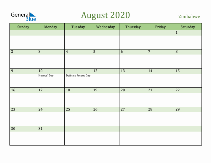 August 2020 Calendar with Zimbabwe Holidays
