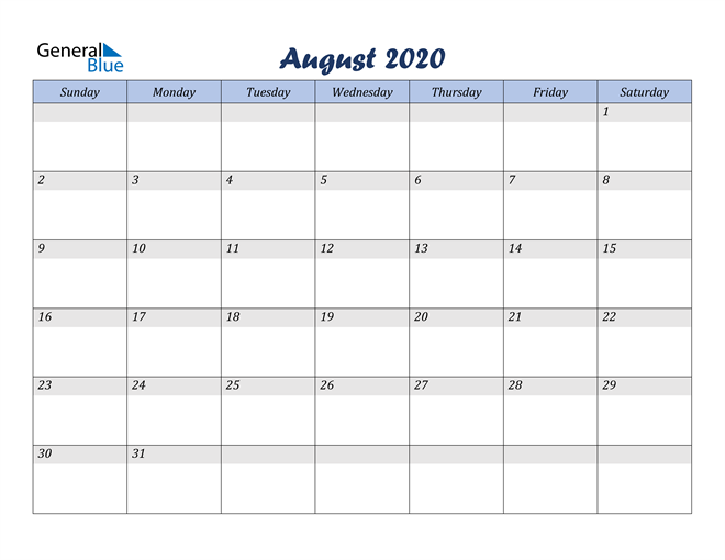  August 2020 Blue Calendar