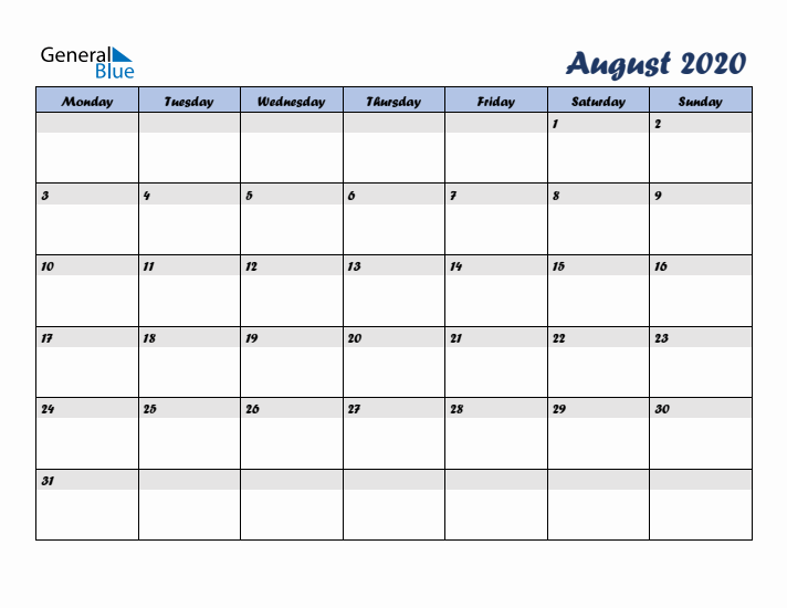 August 2020 Blue Calendar (Monday Start)