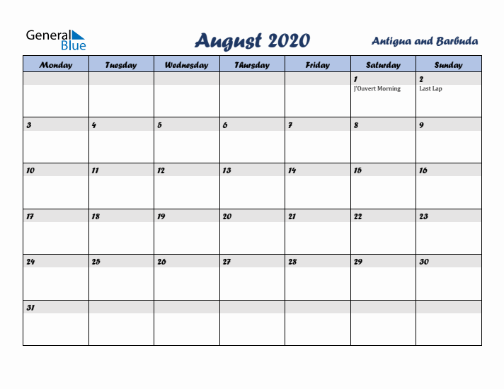 August 2020 Calendar with Holidays in Antigua and Barbuda