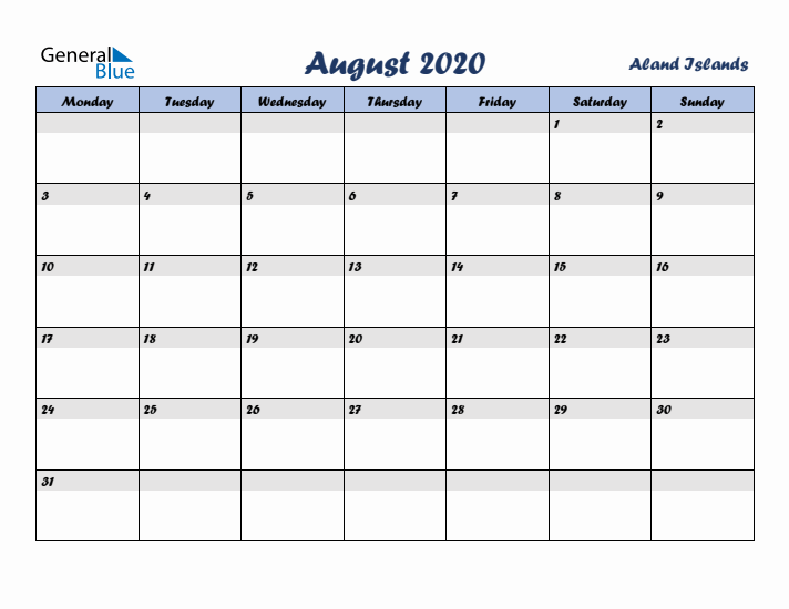 August 2020 Calendar with Holidays in Aland Islands