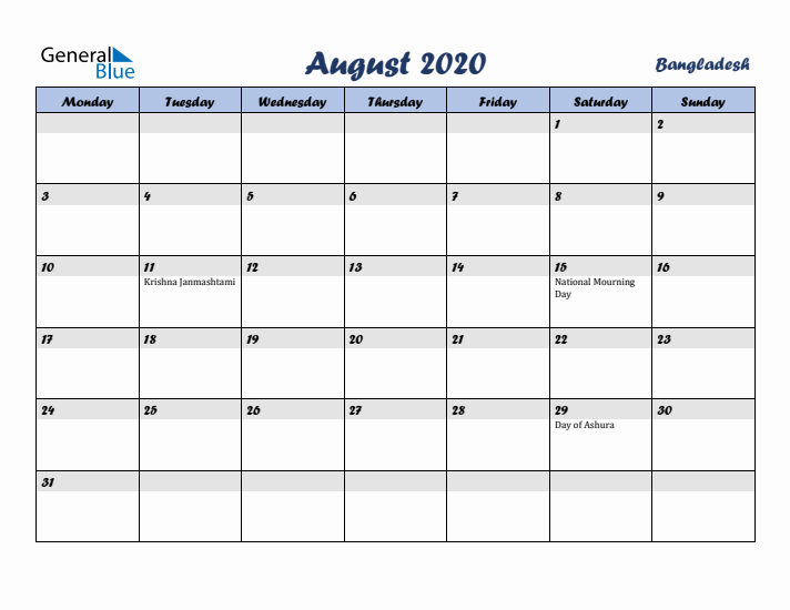 August 2020 Calendar with Holidays in Bangladesh