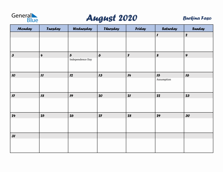 August 2020 Calendar with Holidays in Burkina Faso