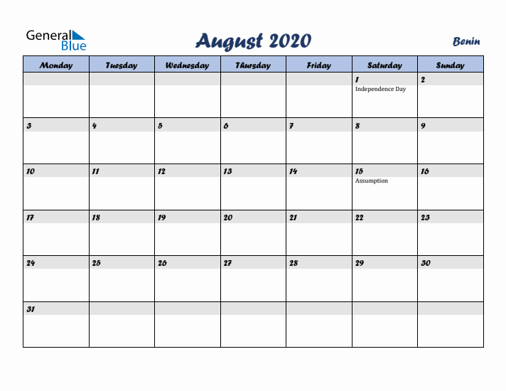 August 2020 Calendar with Holidays in Benin