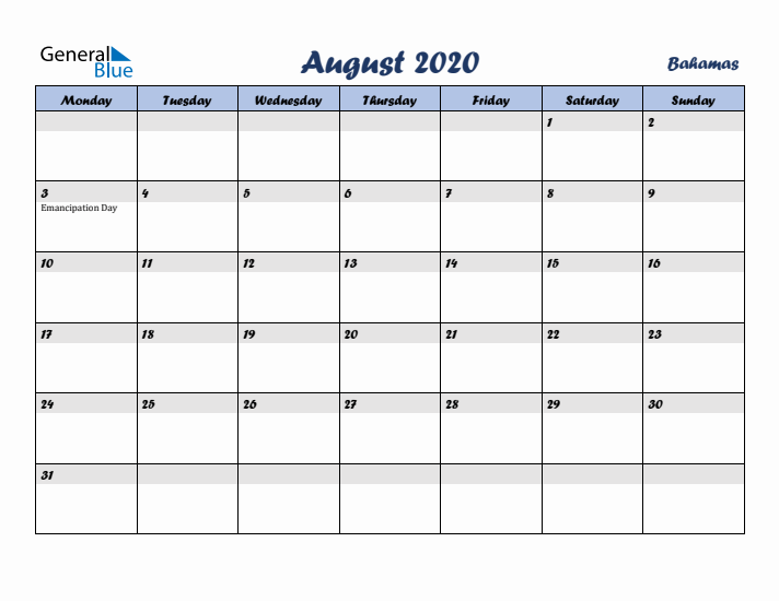 August 2020 Calendar with Holidays in Bahamas