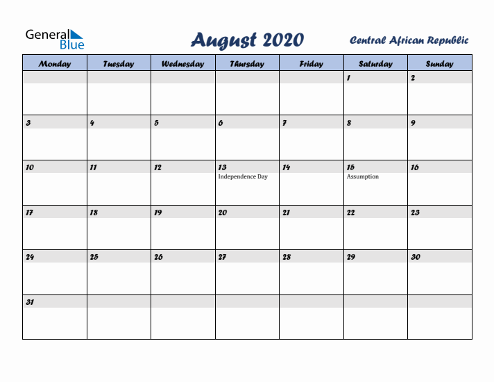 August 2020 Calendar with Holidays in Central African Republic
