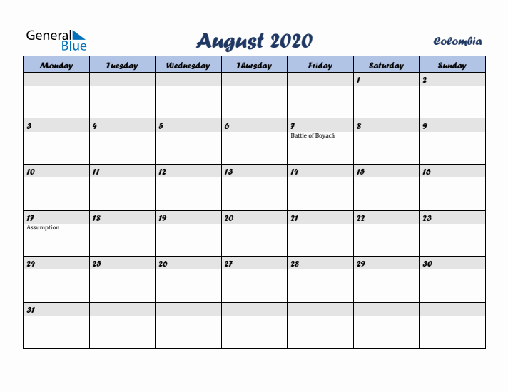 August 2020 Calendar with Holidays in Colombia