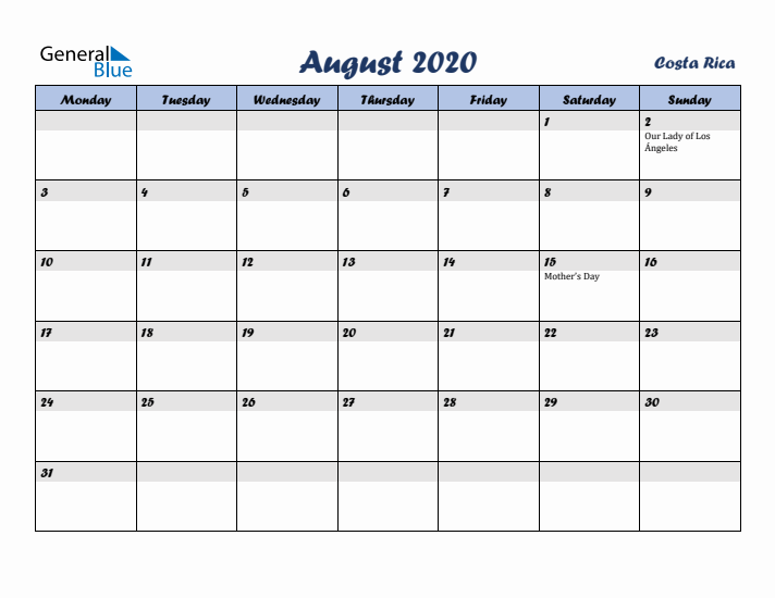 August 2020 Calendar with Holidays in Costa Rica