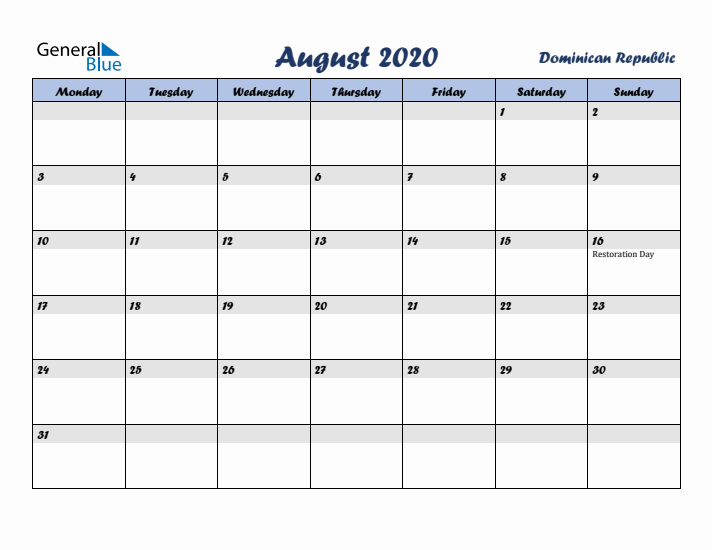 August 2020 Calendar with Holidays in Dominican Republic