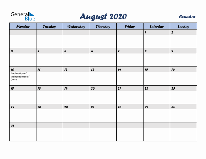 August 2020 Calendar with Holidays in Ecuador