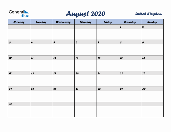 August 2020 Calendar with Holidays in United Kingdom