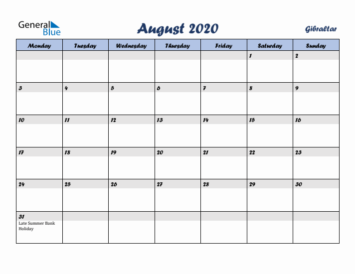 August 2020 Calendar with Holidays in Gibraltar