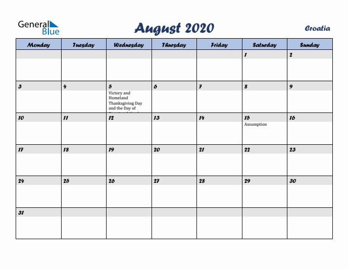 August 2020 Calendar with Holidays in Croatia