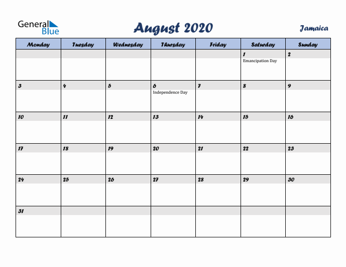 August 2020 Calendar with Holidays in Jamaica