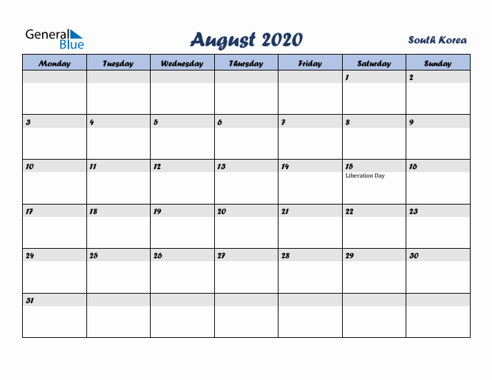 August 2020 Calendar with Holidays in South Korea