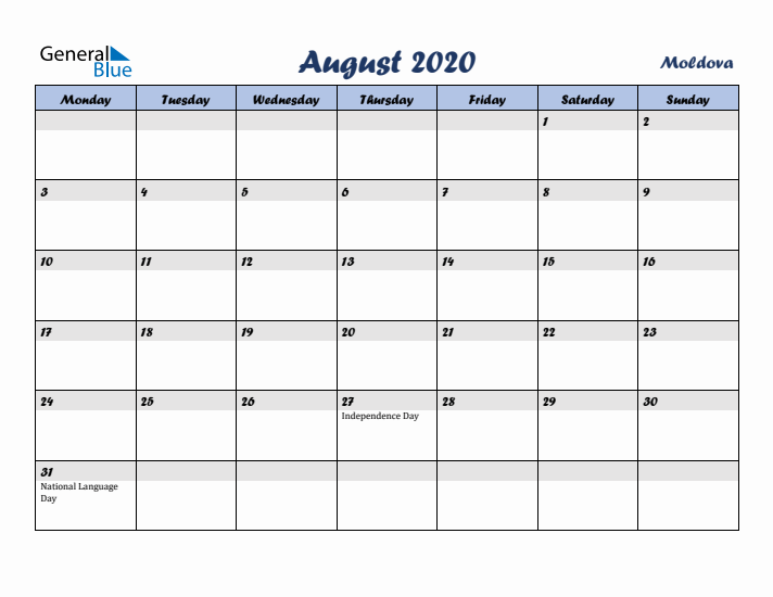 August 2020 Calendar with Holidays in Moldova
