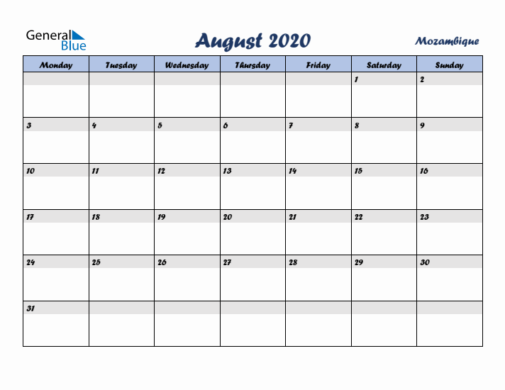 August 2020 Calendar with Holidays in Mozambique