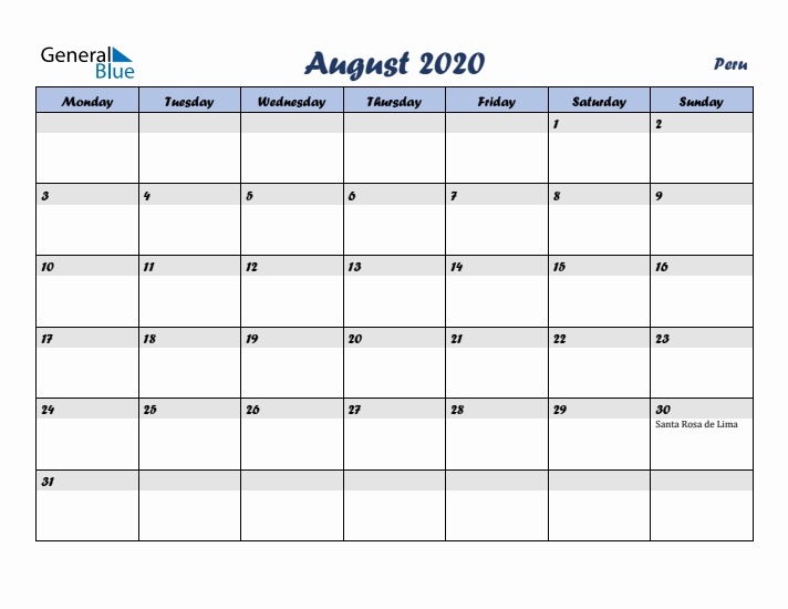 August 2020 Calendar with Holidays in Peru
