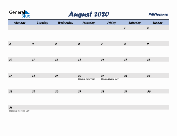 August 2020 Calendar with Holidays in Philippines