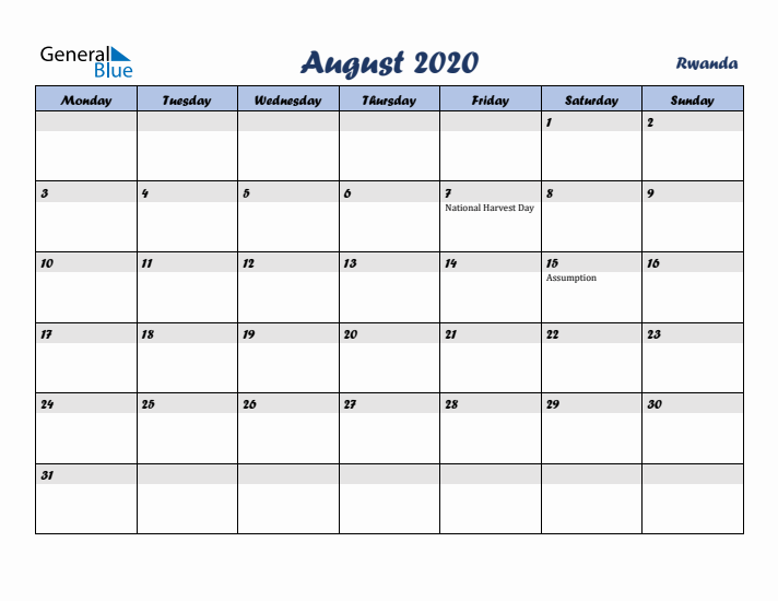 August 2020 Calendar with Holidays in Rwanda