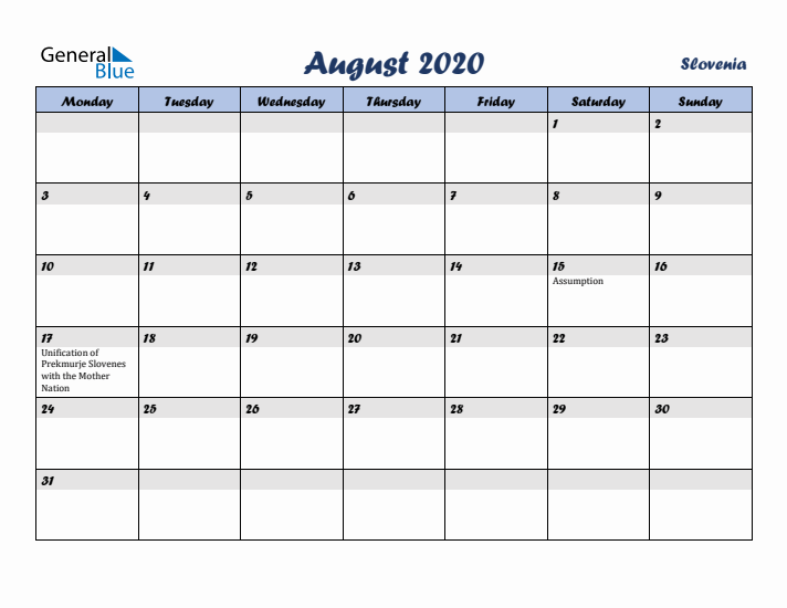 August 2020 Calendar with Holidays in Slovenia