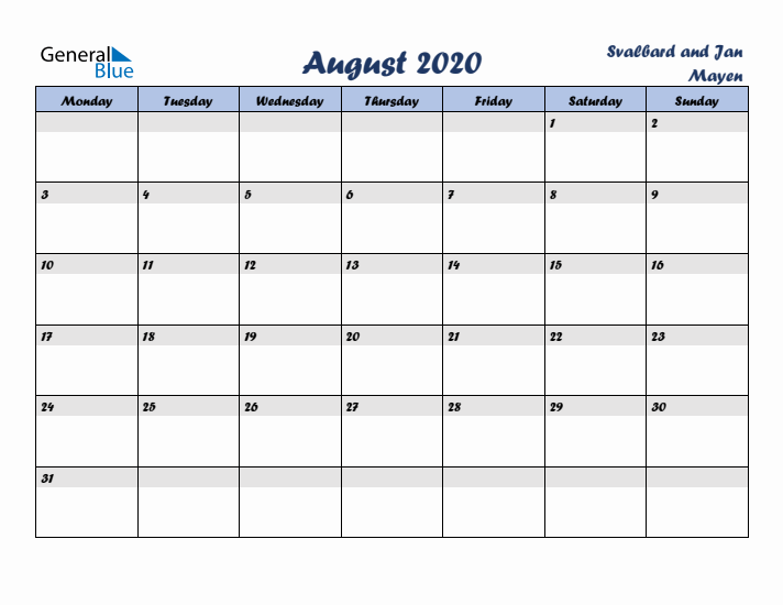 August 2020 Calendar with Holidays in Svalbard and Jan Mayen