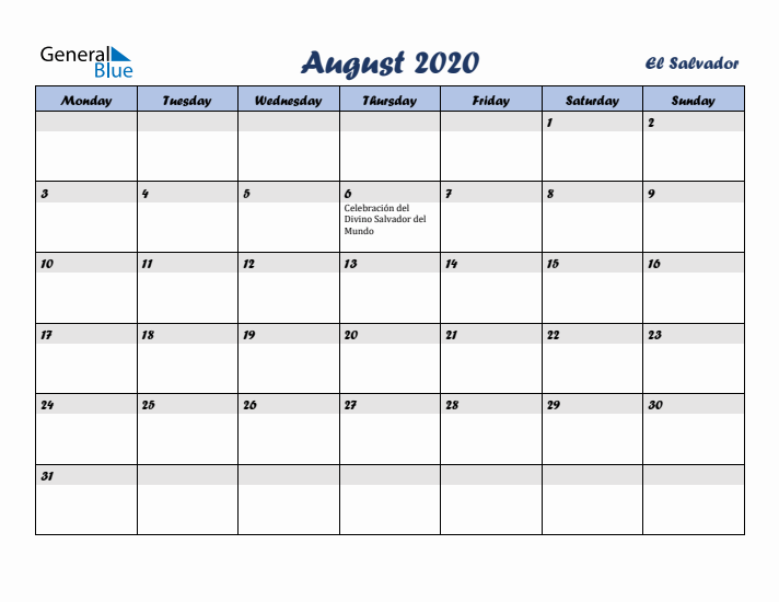 August 2020 Calendar with Holidays in El Salvador