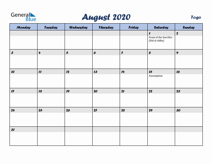 August 2020 Calendar with Holidays in Togo