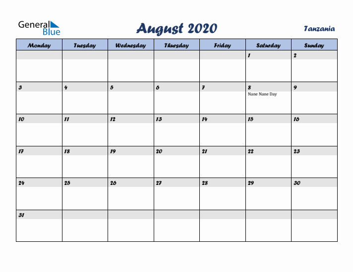 August 2020 Calendar with Holidays in Tanzania