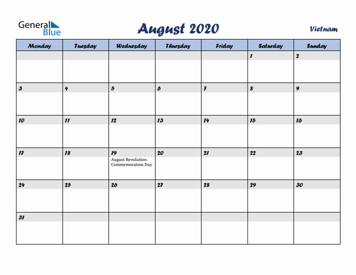 August 2020 Calendar with Holidays in Vietnam