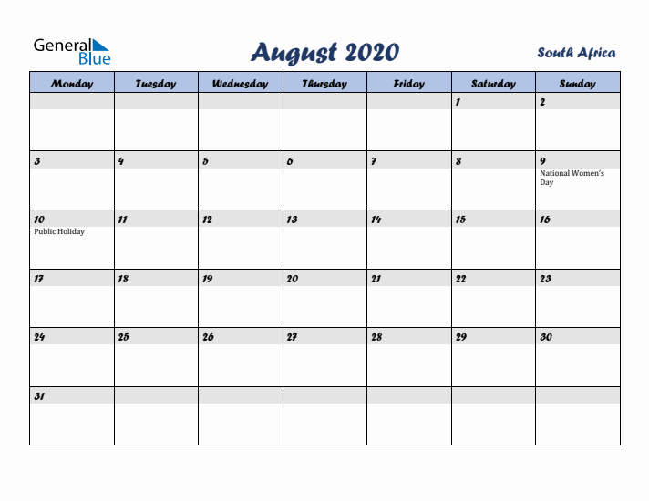 August 2020 Calendar with Holidays in South Africa