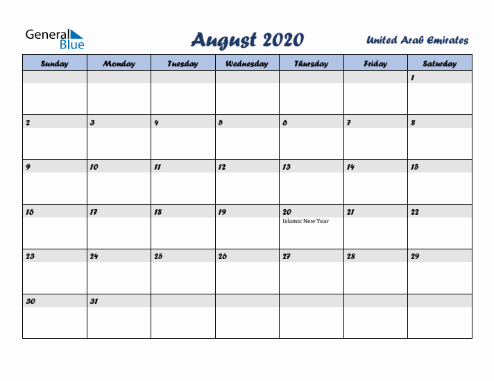 August 2020 Calendar with Holidays in United Arab Emirates
