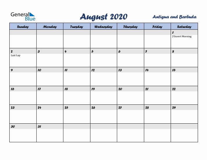 August 2020 Calendar with Holidays in Antigua and Barbuda