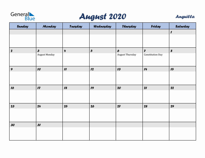August 2020 Calendar with Holidays in Anguilla