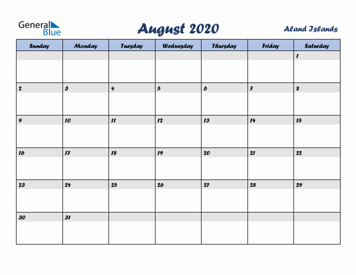 August 2020 Calendar with Holidays in Aland Islands