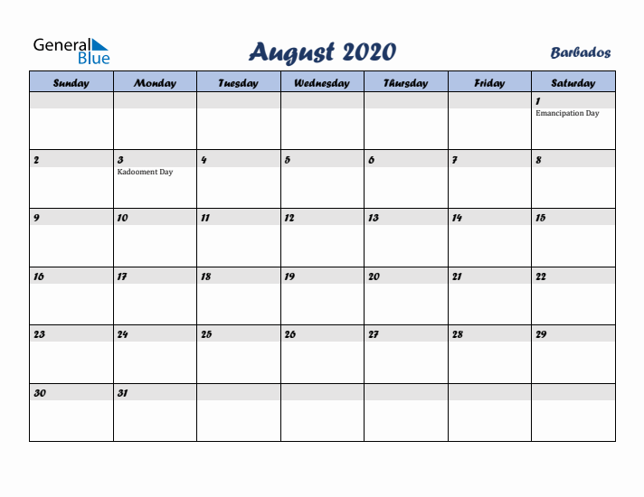 August 2020 Calendar with Holidays in Barbados