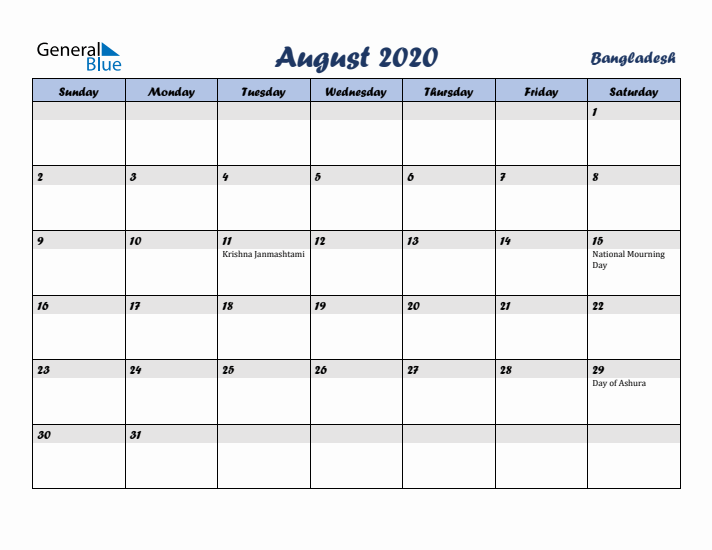 August 2020 Calendar with Holidays in Bangladesh