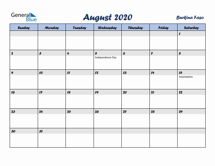 August 2020 Calendar with Holidays in Burkina Faso