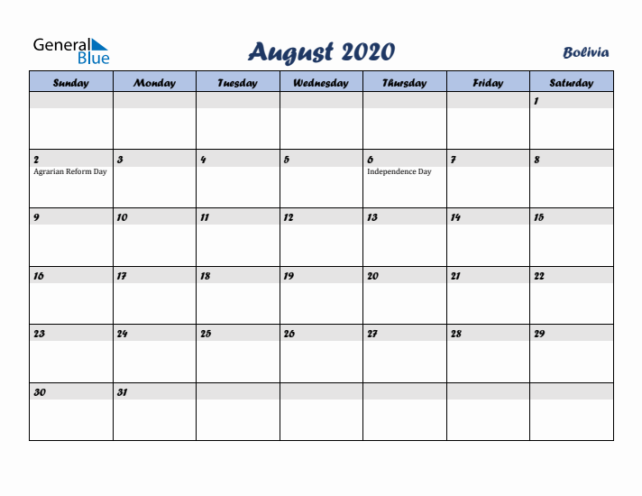 August 2020 Calendar with Holidays in Bolivia